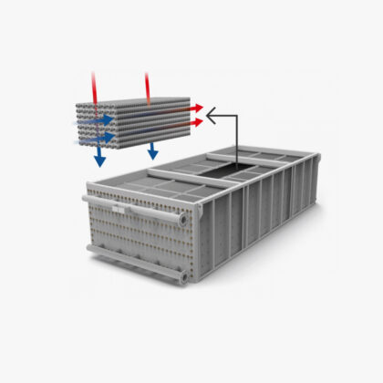 Industrial economiser for waste heat recovery from low-temperature flue gases using water as the transfer medium.